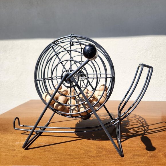 VINTAGE Bingo Cage with Wooden Etched Balls Spinning Handle Board Game Table Gam